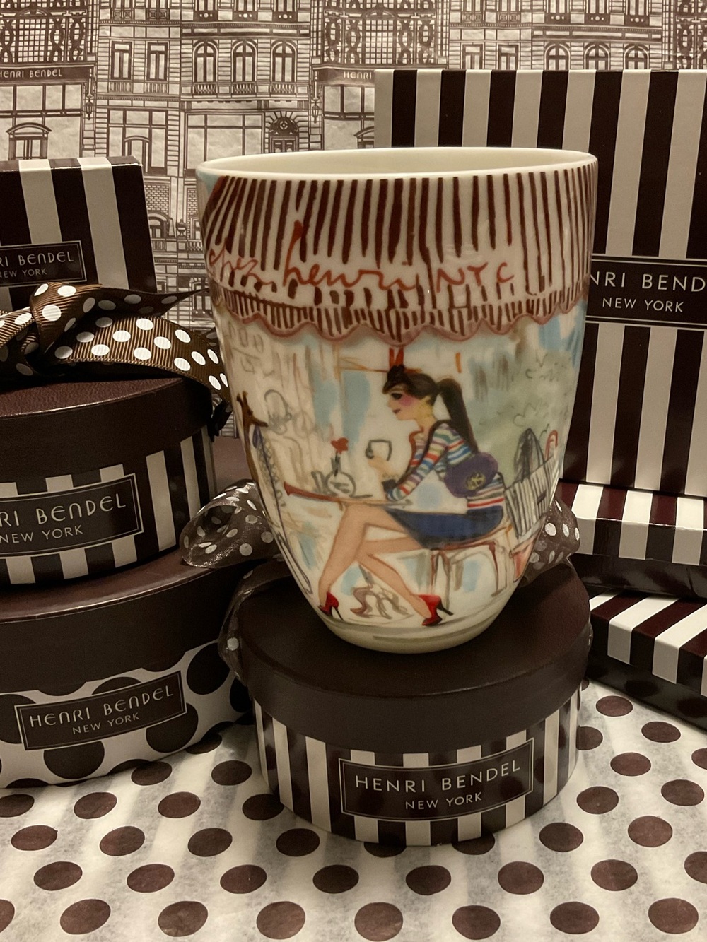 Rare Image Large Henri Bendel Coffee Mug - Girl at Cafe with Her Whippet